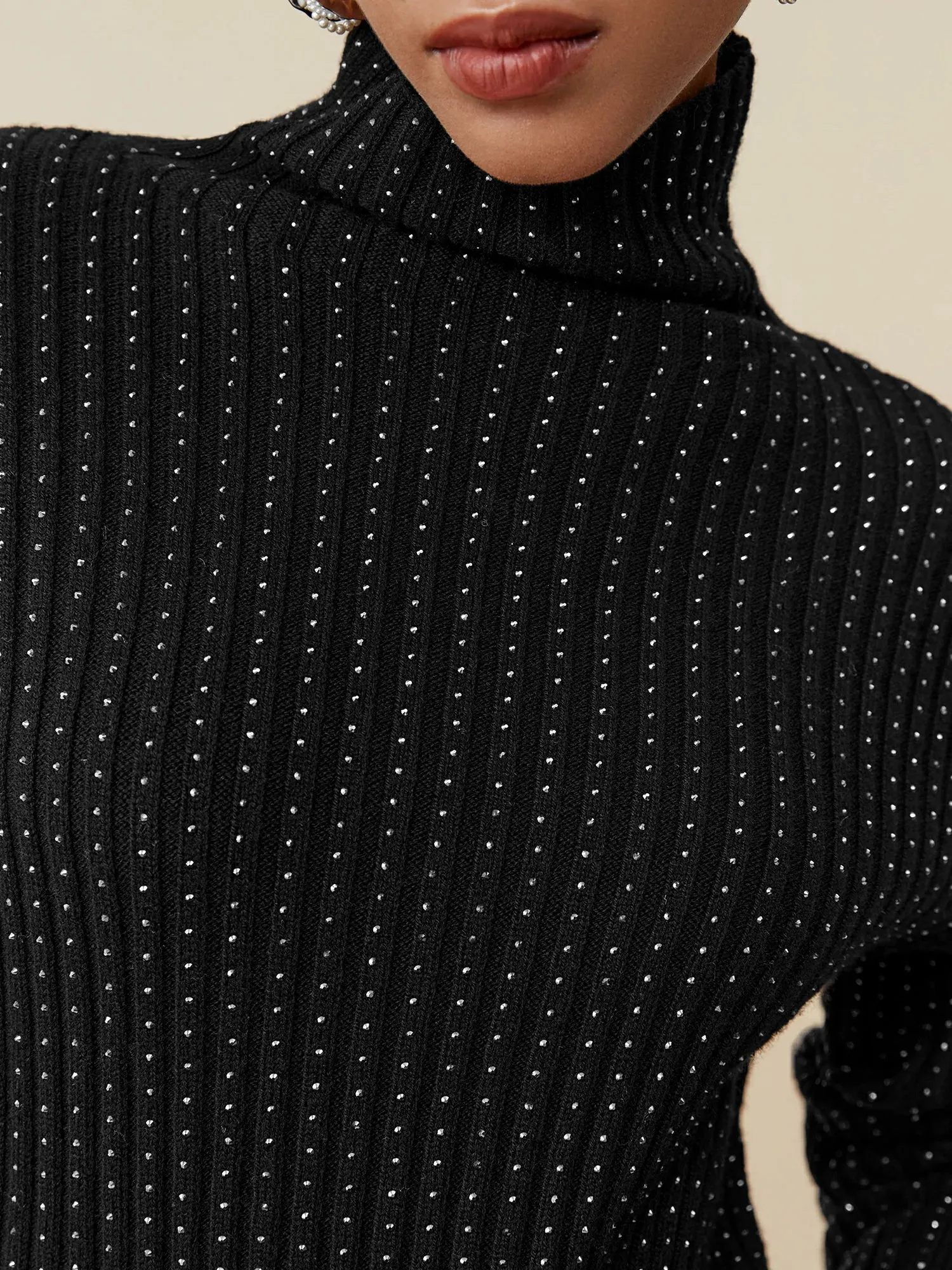 Amoretu 100% Wool Turtleneck Long Sleeve Rhinestone Sweater
