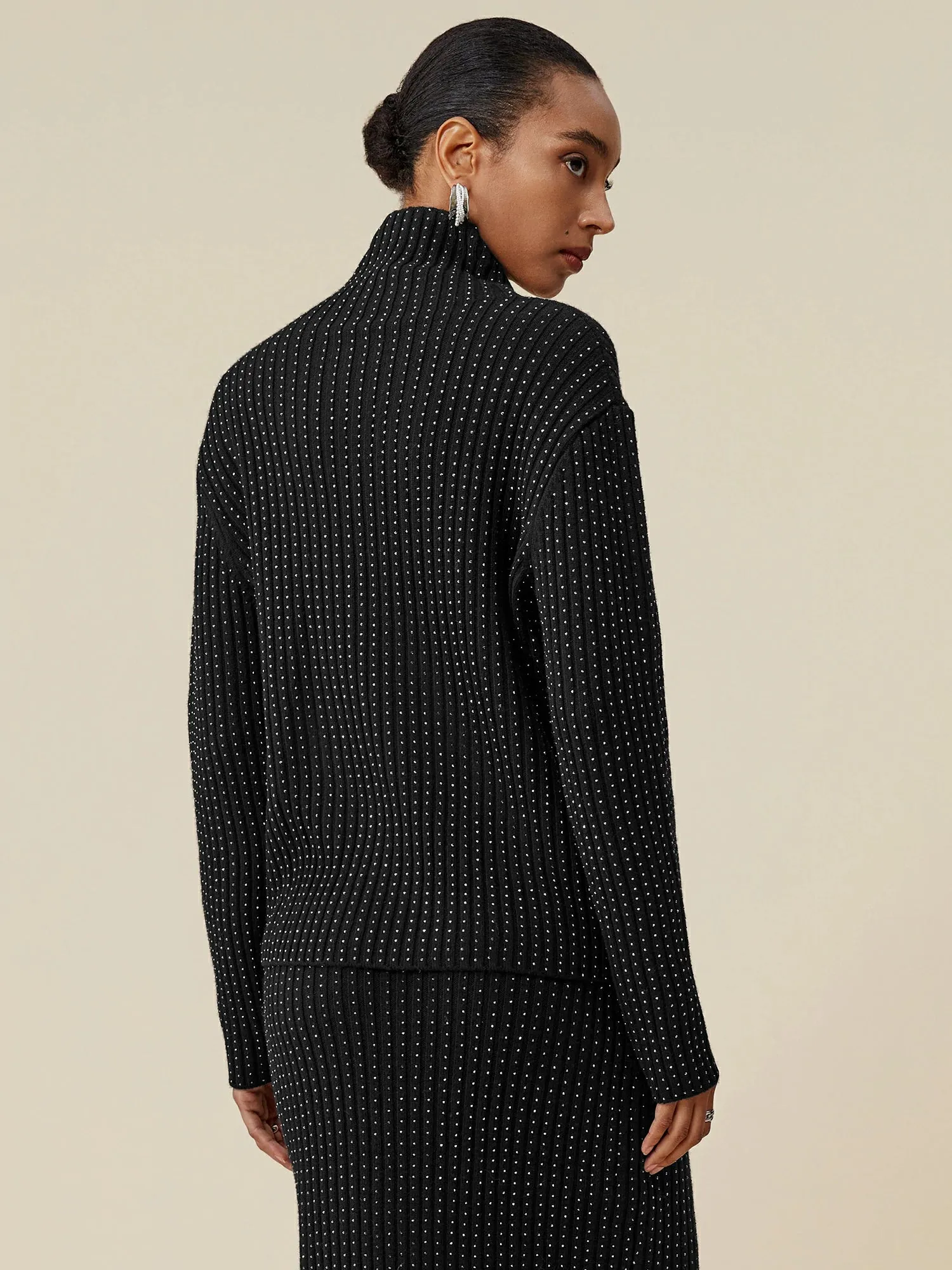 Amoretu 100% Wool Turtleneck Long Sleeve Rhinestone Sweater