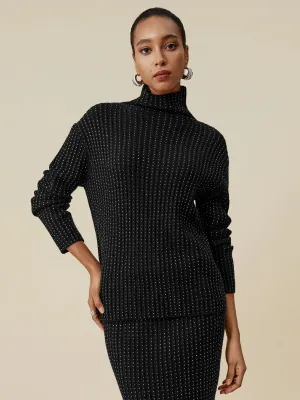Amoretu 100% Wool Turtleneck Long Sleeve Rhinestone Sweater