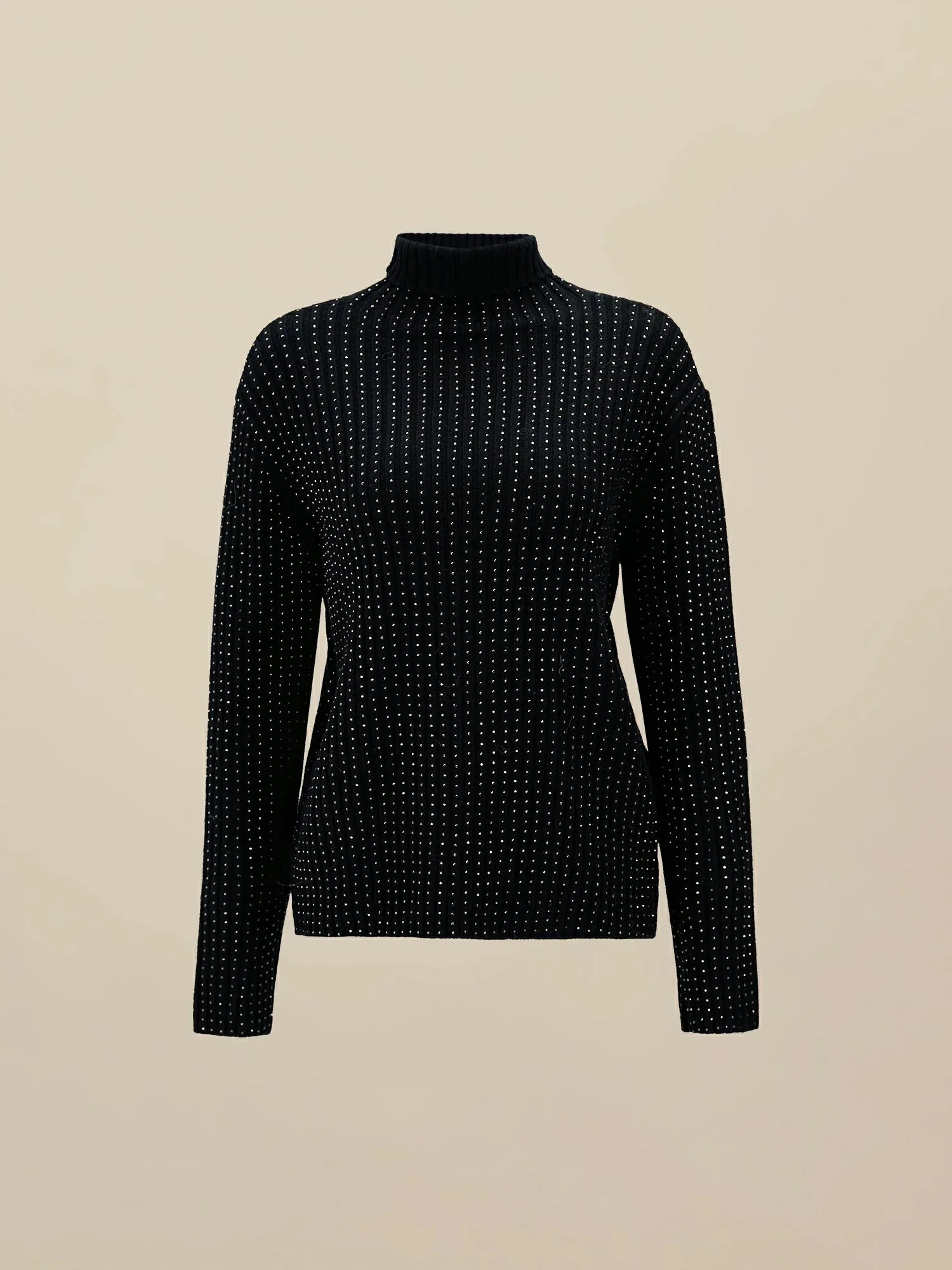 Amoretu 100% Wool Turtleneck Long Sleeve Rhinestone Sweater