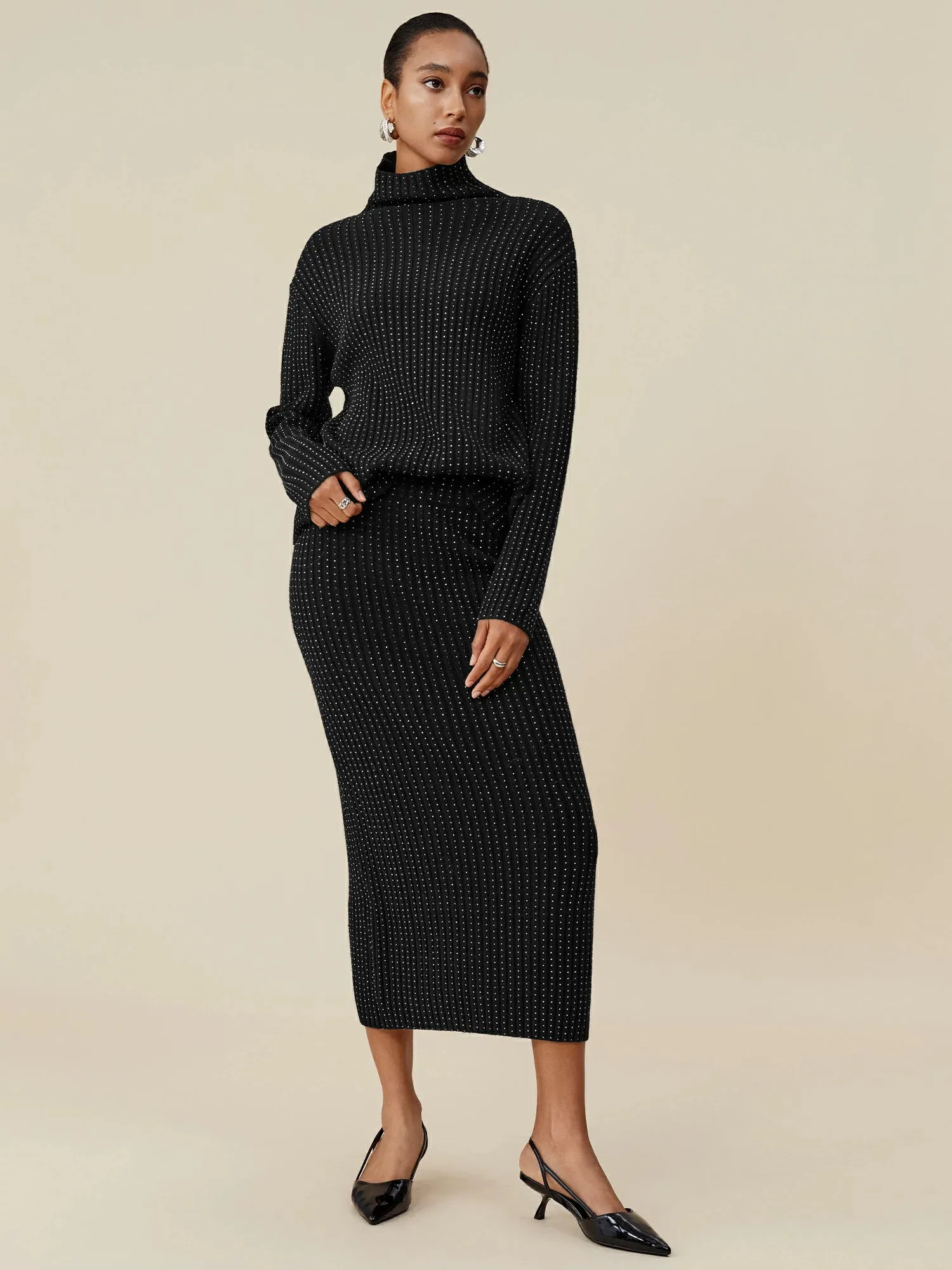 Amoretu 100% Wool Turtleneck Long Sleeve Rhinestone Sweater