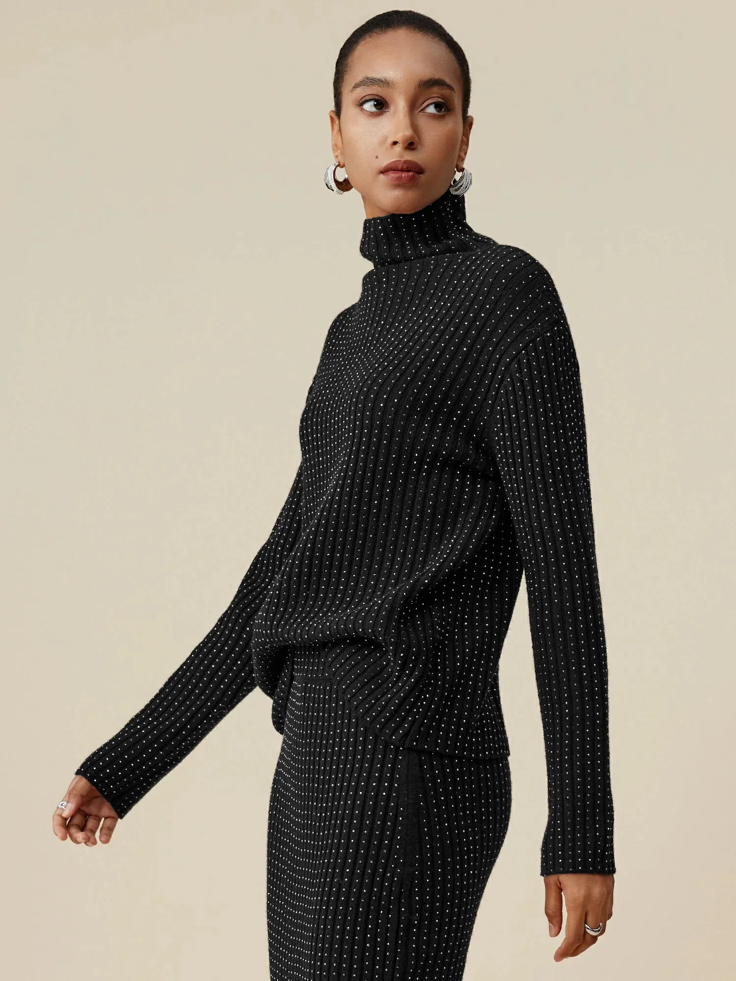 Amoretu 100% Wool Turtleneck Long Sleeve Rhinestone Sweater