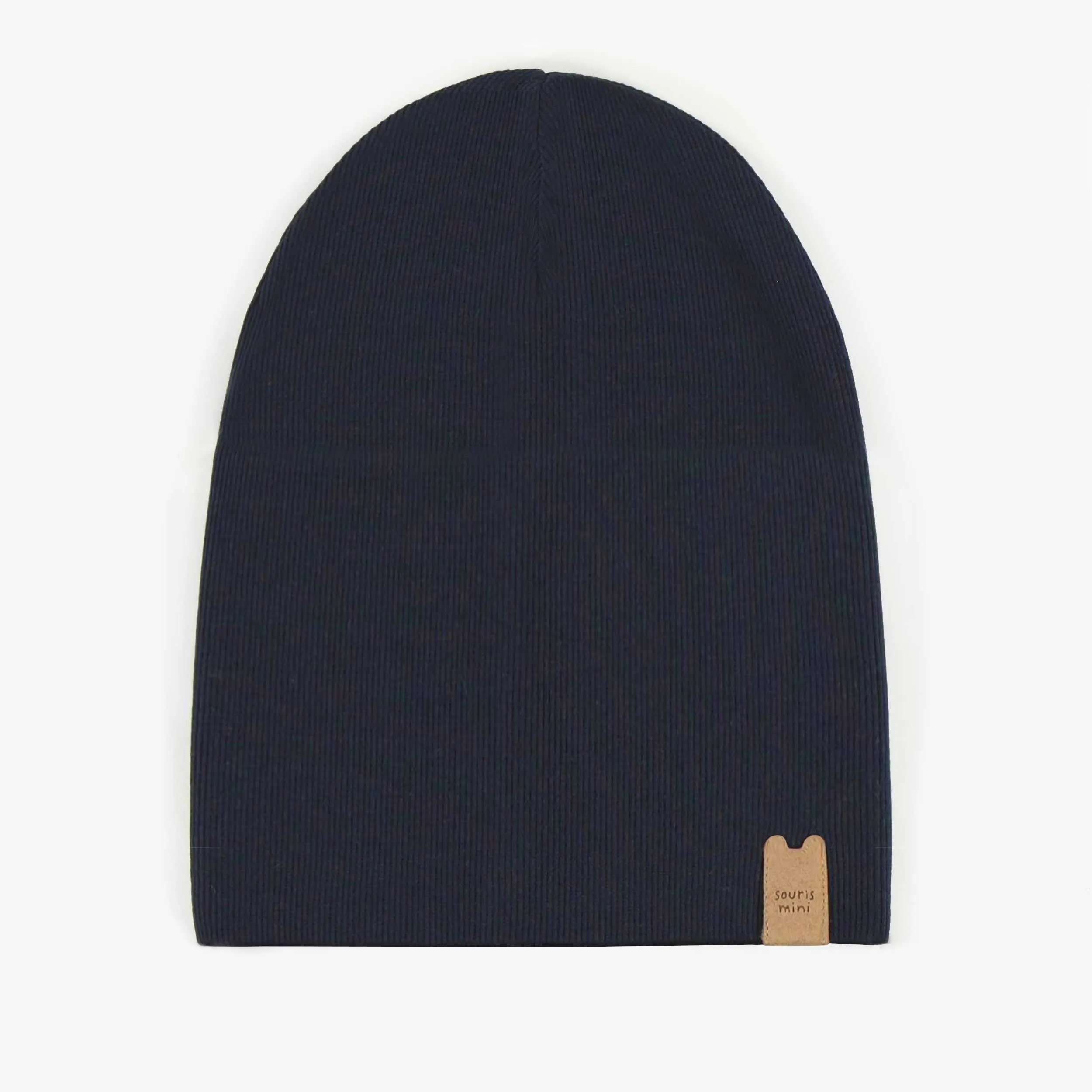 Chapeau marined’extérieur en tricot côtelé, enfant || Navy outdoor hat in ribbed knit, child