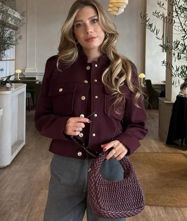 Chic Burgundy Lapel Harrington Jacket bomber jacket autumn coat
