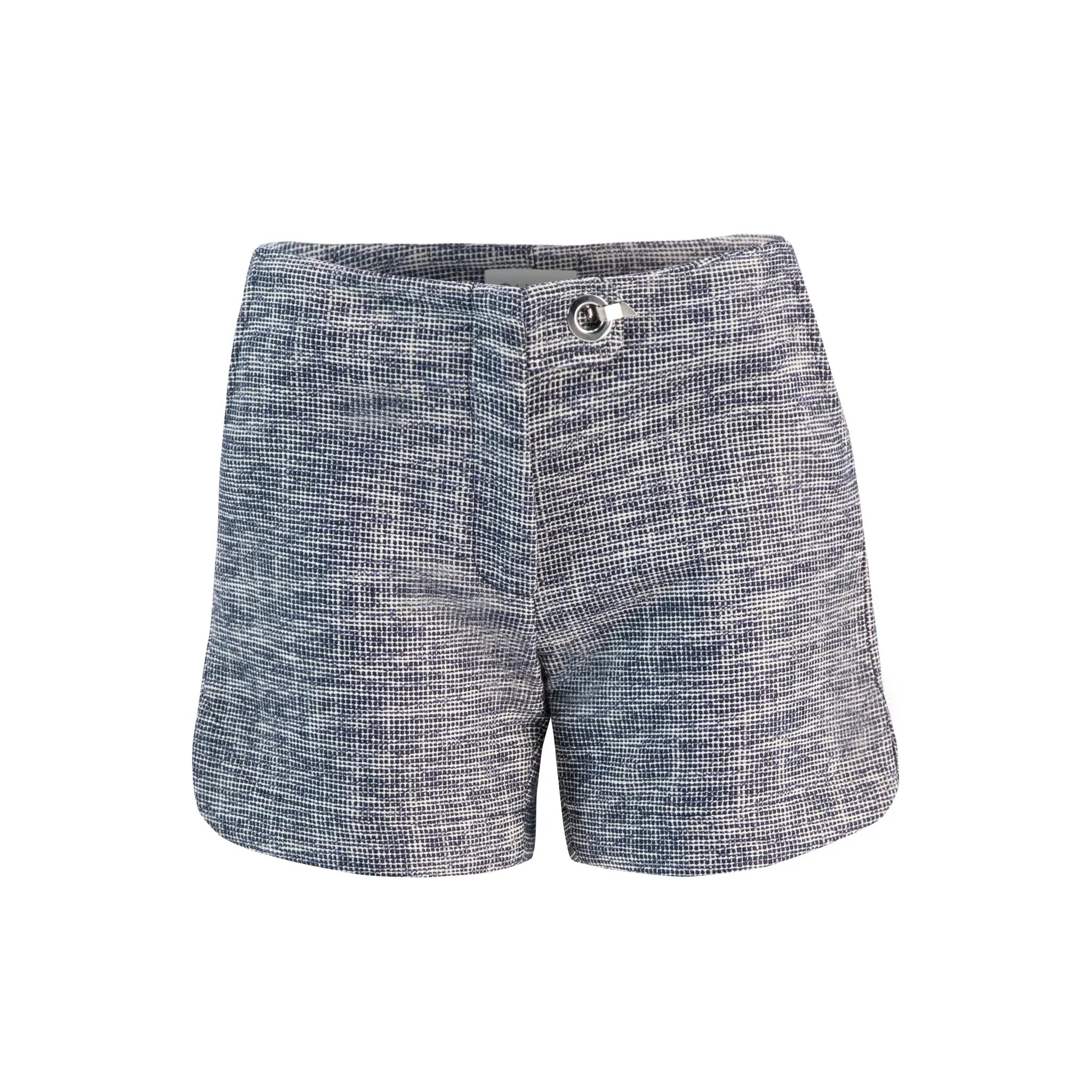 Designer Scalloped Hem Tweed Shorts with Front Tab and Eyelet Closure
