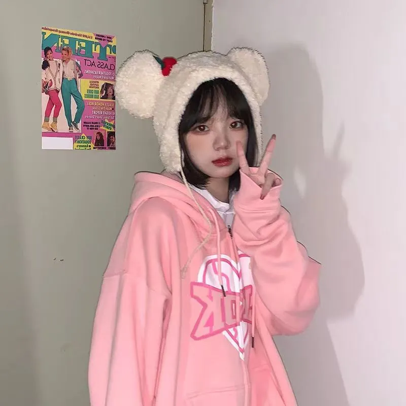Fashion Letter Print Hoodie Y2k Loose Sport Tops Full Zip Retro Harajuku Coats Women Spring Autumn Oversized Korean Sweatshirt