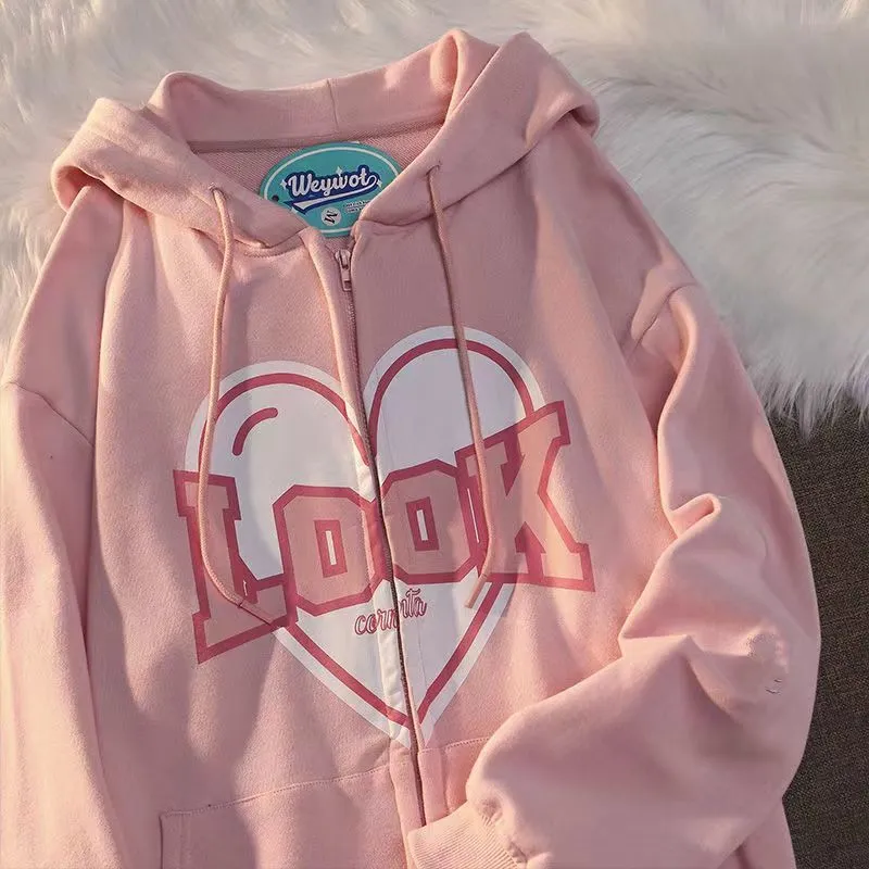 Fashion Letter Print Hoodie Y2k Loose Sport Tops Full Zip Retro Harajuku Coats Women Spring Autumn Oversized Korean Sweatshirt