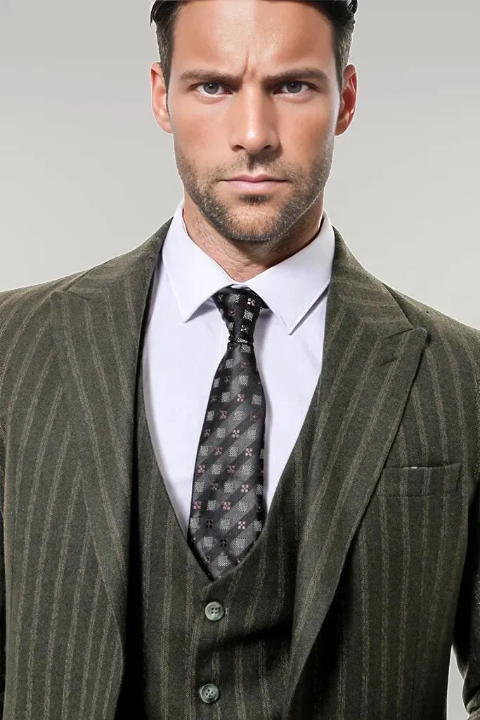 Green Striped Slim-Fit Vested Suit - Wessi