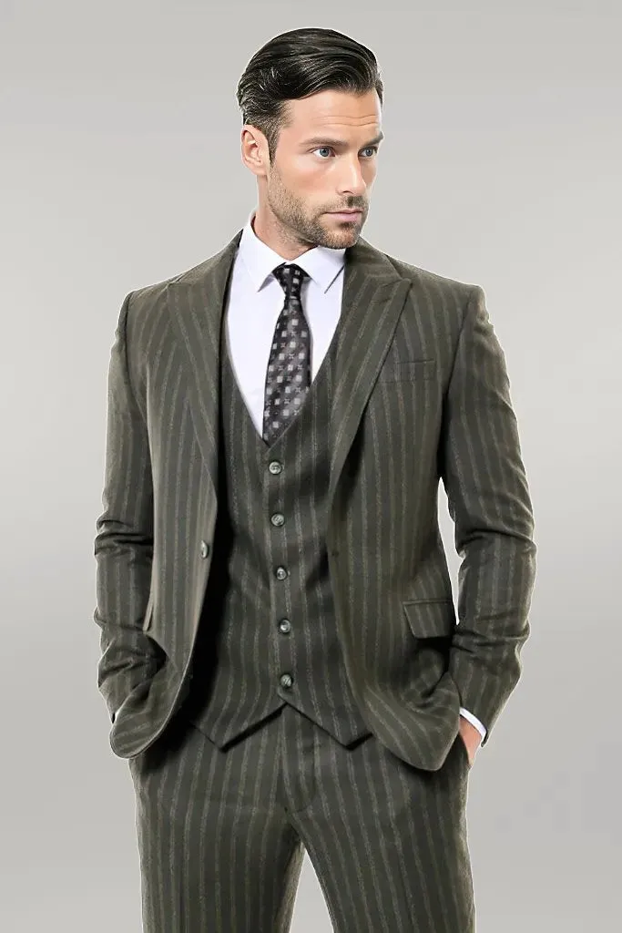 Green Striped Slim-Fit Vested Suit - Wessi