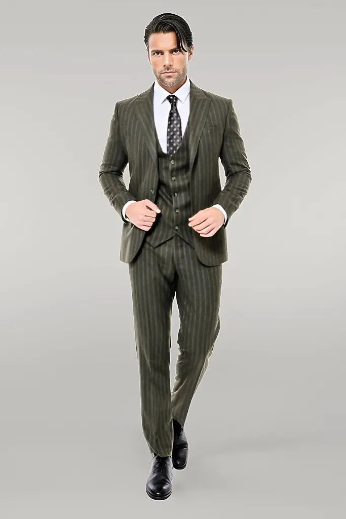 Green Striped Slim-Fit Vested Suit - Wessi