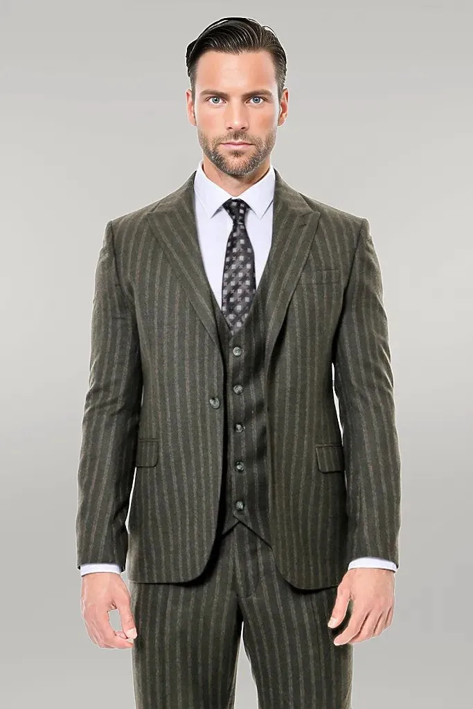Green Striped Slim-Fit Vested Suit - Wessi