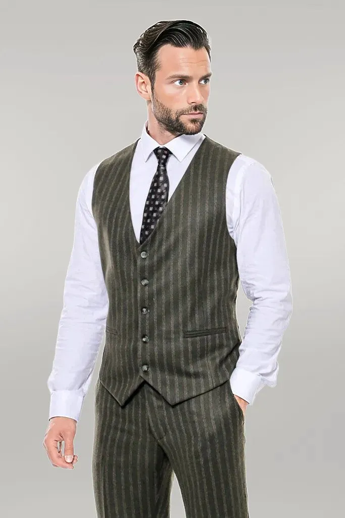 Green Striped Slim-Fit Vested Suit - Wessi