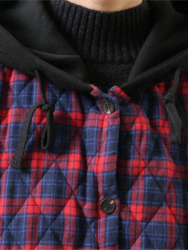 Johnature Women Hooded Plaid Parkas Vintage Button Coats Loose 2024 Autumn Winter New Pockets Female Casual Warm Parkas Coats