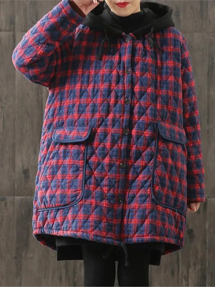 Johnature Women Hooded Plaid Parkas Vintage Button Coats Loose 2024 Autumn Winter New Pockets Female Casual Warm Parkas Coats