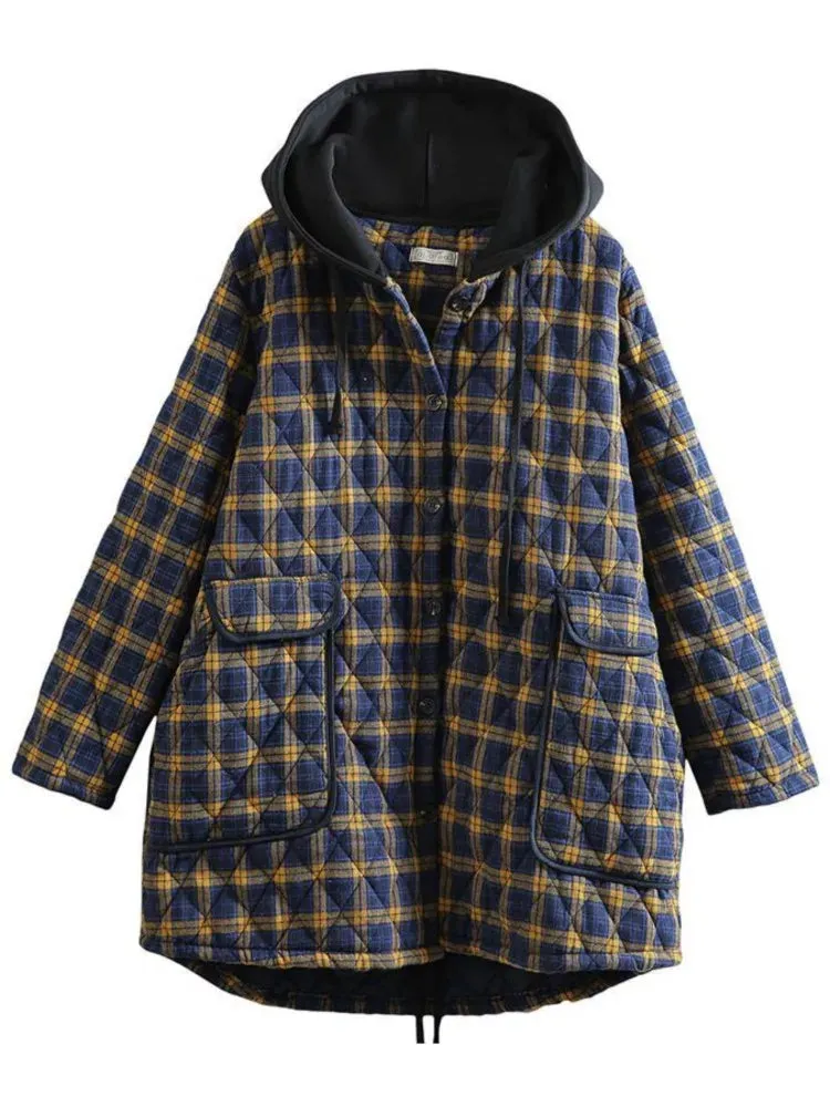 Johnature Women Hooded Plaid Parkas Vintage Button Coats Loose 2024 Autumn Winter New Pockets Female Casual Warm Parkas Coats