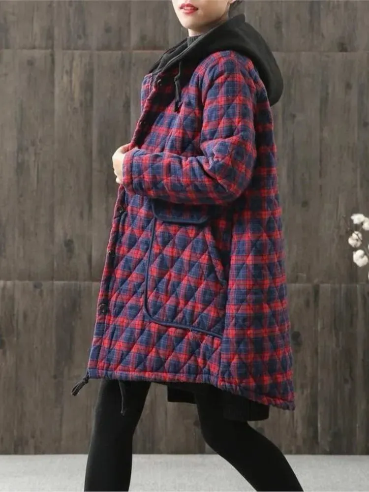 Johnature Women Hooded Plaid Parkas Vintage Button Coats Loose 2024 Autumn Winter New Pockets Female Casual Warm Parkas Coats