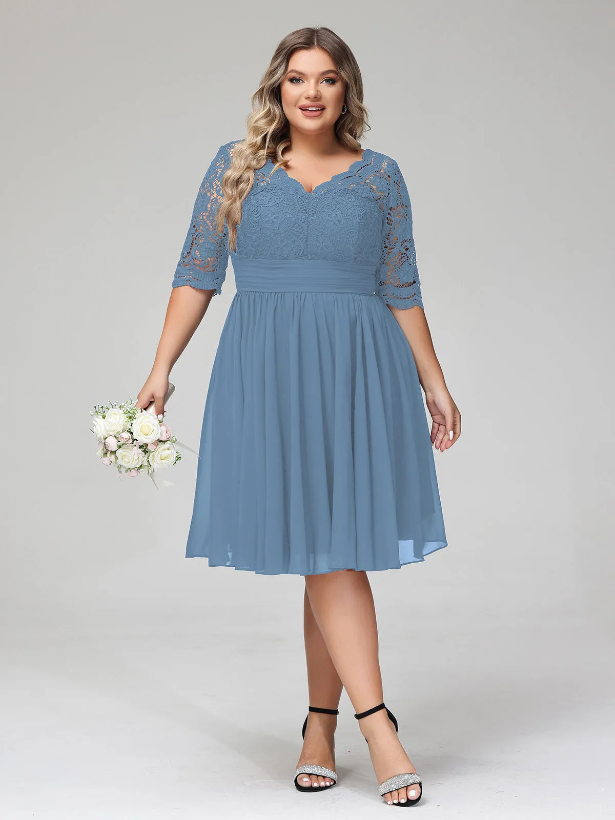 Lace and Chiffon Short Dress with Half Sleeves Slate Blue