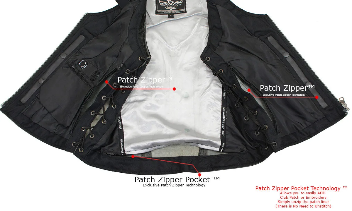Milwaukee Leather MLL4531 Women's Distress Grey Leather Open V-Neck Side Lace Stitching Detail Motorcycle Rider Vest