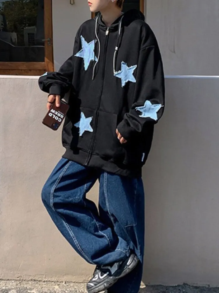Riolio Fashion Y2k Mens Jacket Coat Harajuku Star Patch Zipper Oversized Hoodies Streetwear Hip Hop Gothic Loose Pocket Man Sweatshirts