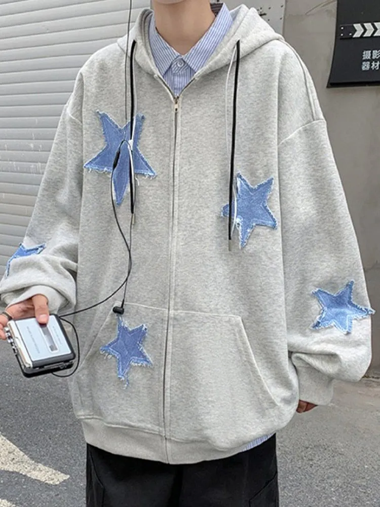 Riolio Fashion Y2k Mens Jacket Coat Harajuku Star Patch Zipper Oversized Hoodies Streetwear Hip Hop Gothic Loose Pocket Man Sweatshirts