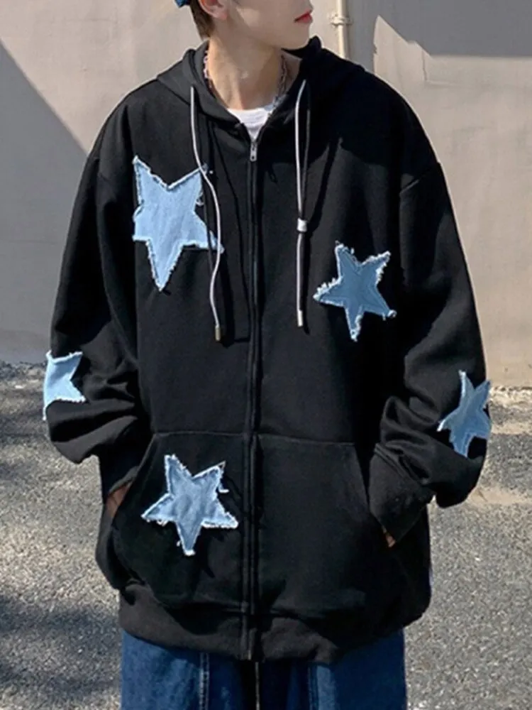 Riolio Fashion Y2k Mens Jacket Coat Harajuku Star Patch Zipper Oversized Hoodies Streetwear Hip Hop Gothic Loose Pocket Man Sweatshirts