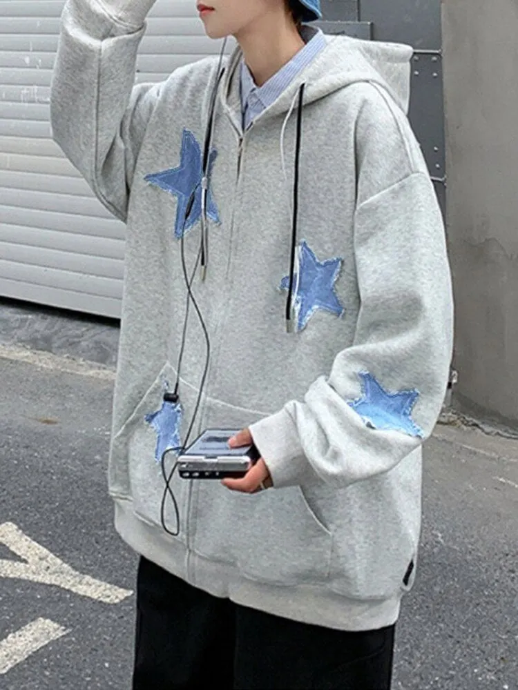 Riolio Fashion Y2k Mens Jacket Coat Harajuku Star Patch Zipper Oversized Hoodies Streetwear Hip Hop Gothic Loose Pocket Man Sweatshirts