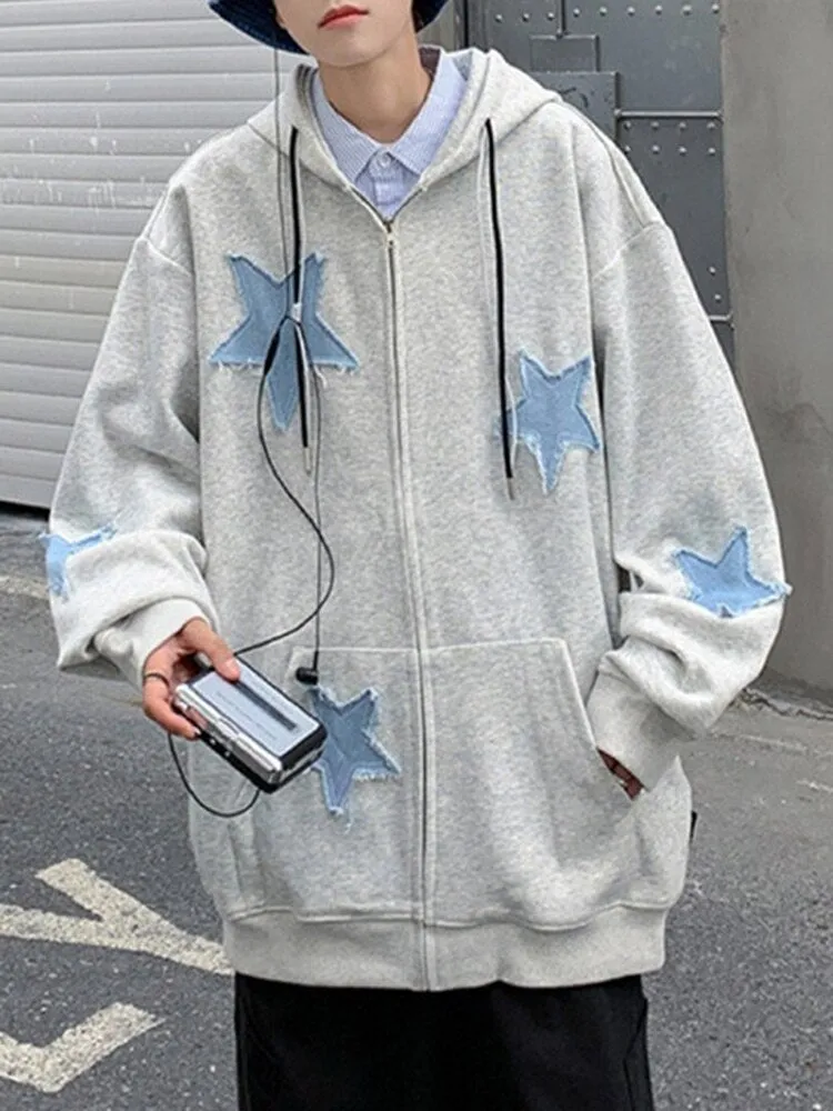Riolio Fashion Y2k Mens Jacket Coat Harajuku Star Patch Zipper Oversized Hoodies Streetwear Hip Hop Gothic Loose Pocket Man Sweatshirts