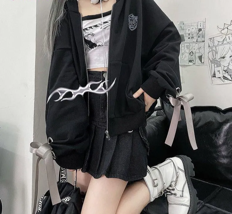 Romildi Spring Outfits Harajuku Y2K Autumn Female Hooded Sweatshirt Zipper Butterfly Print Long Sleeve Loose print Women Hoodies Coats plus size