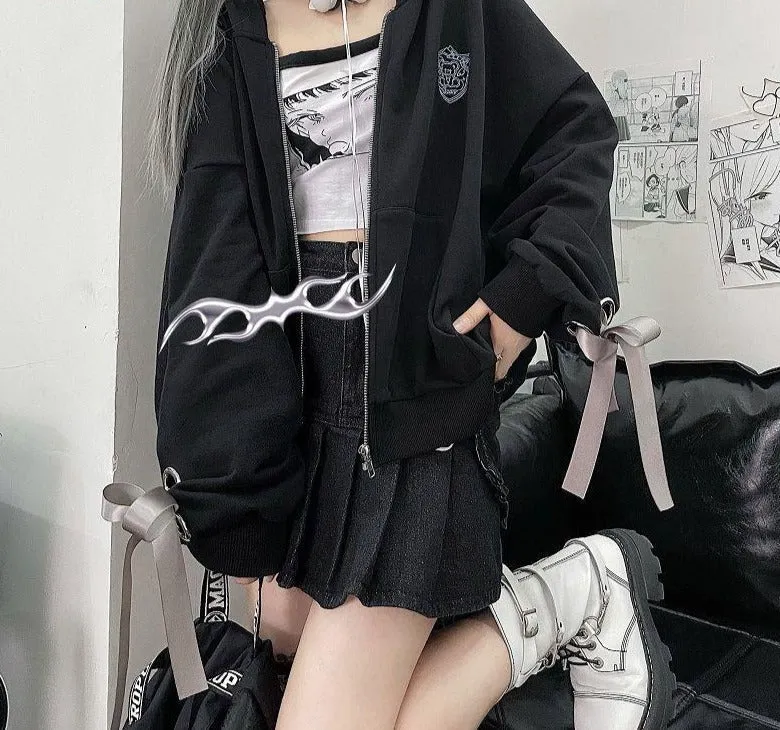 Romildi Spring Outfits Harajuku Y2K Autumn Female Hooded Sweatshirt Zipper Butterfly Print Long Sleeve Loose print Women Hoodies Coats plus size