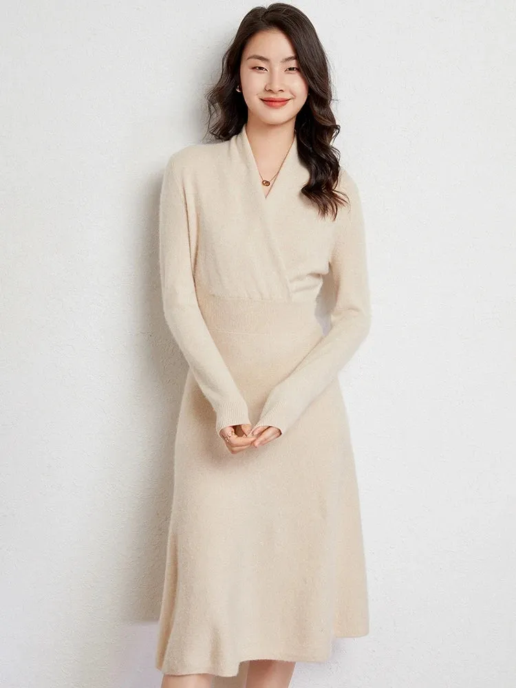 Women's Cashmere Dress Sweater V-neck and 100% Cashmere Knitted