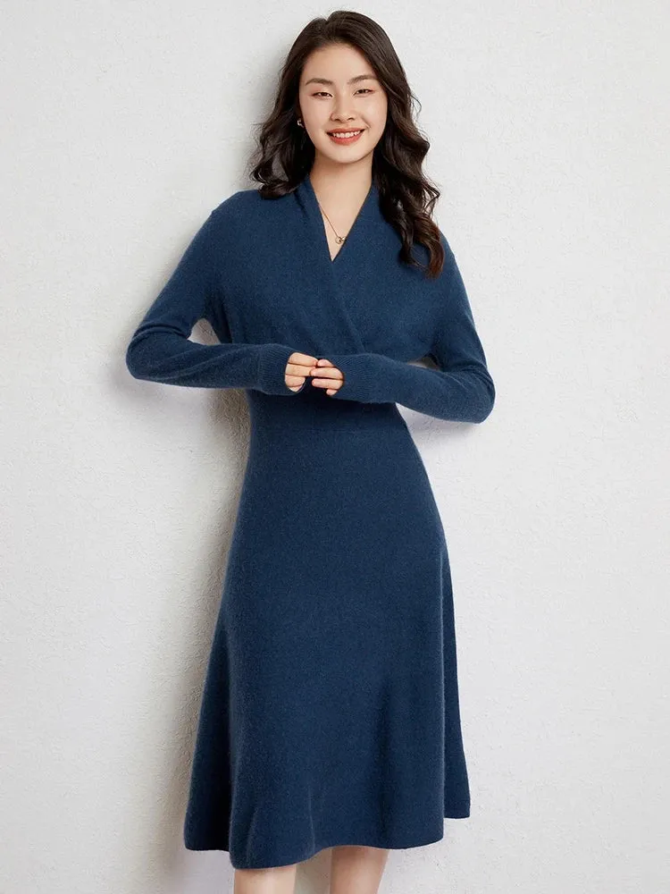 Women's Cashmere Dress Sweater V-neck and 100% Cashmere Knitted