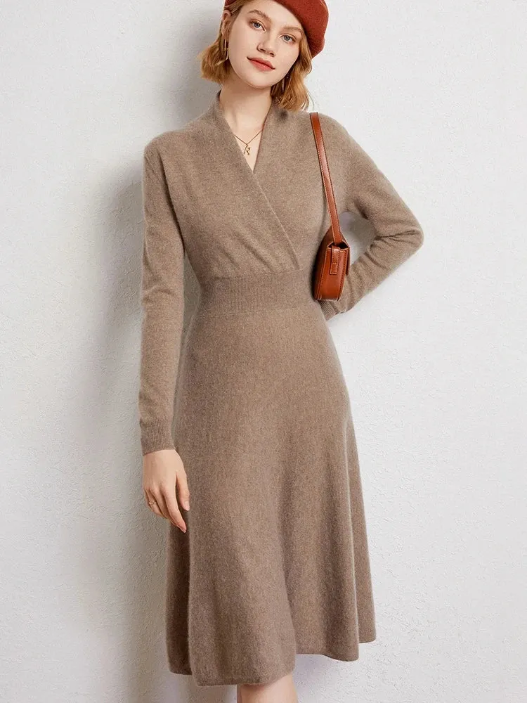 Women's Cashmere Dress Sweater V-neck and 100% Cashmere Knitted
