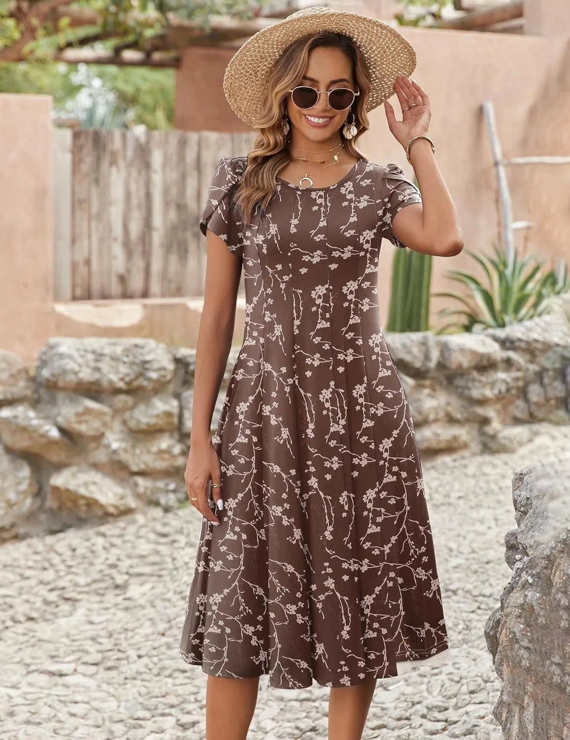 Zeagoo Womens Casual Dress Short Sleeve Pleated Loose Flowy Dress